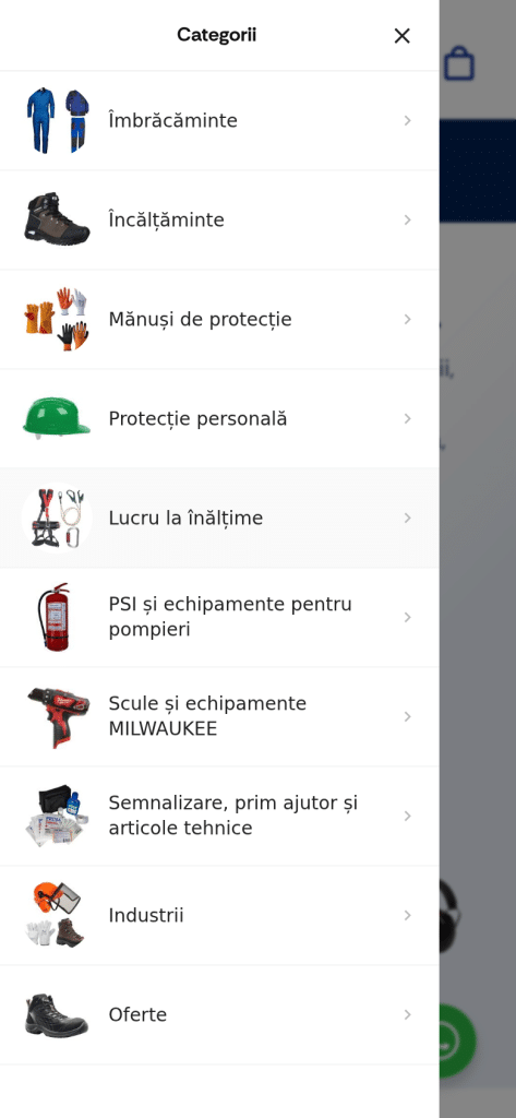 Meniul de categorii pe mobil, cu poze