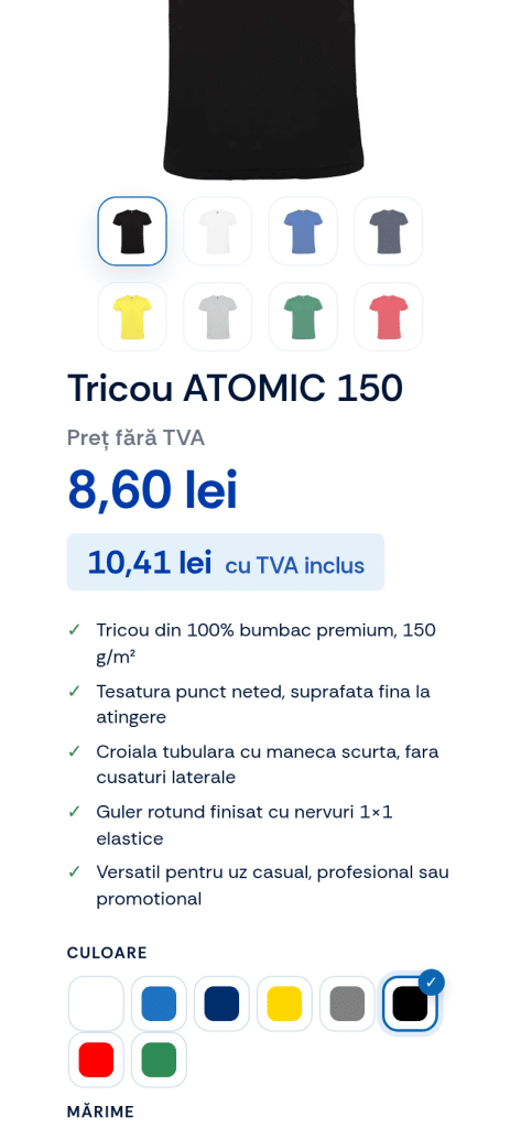 Pagina de produs pe mobil: culori, mărimi, preț cu și fără TVA