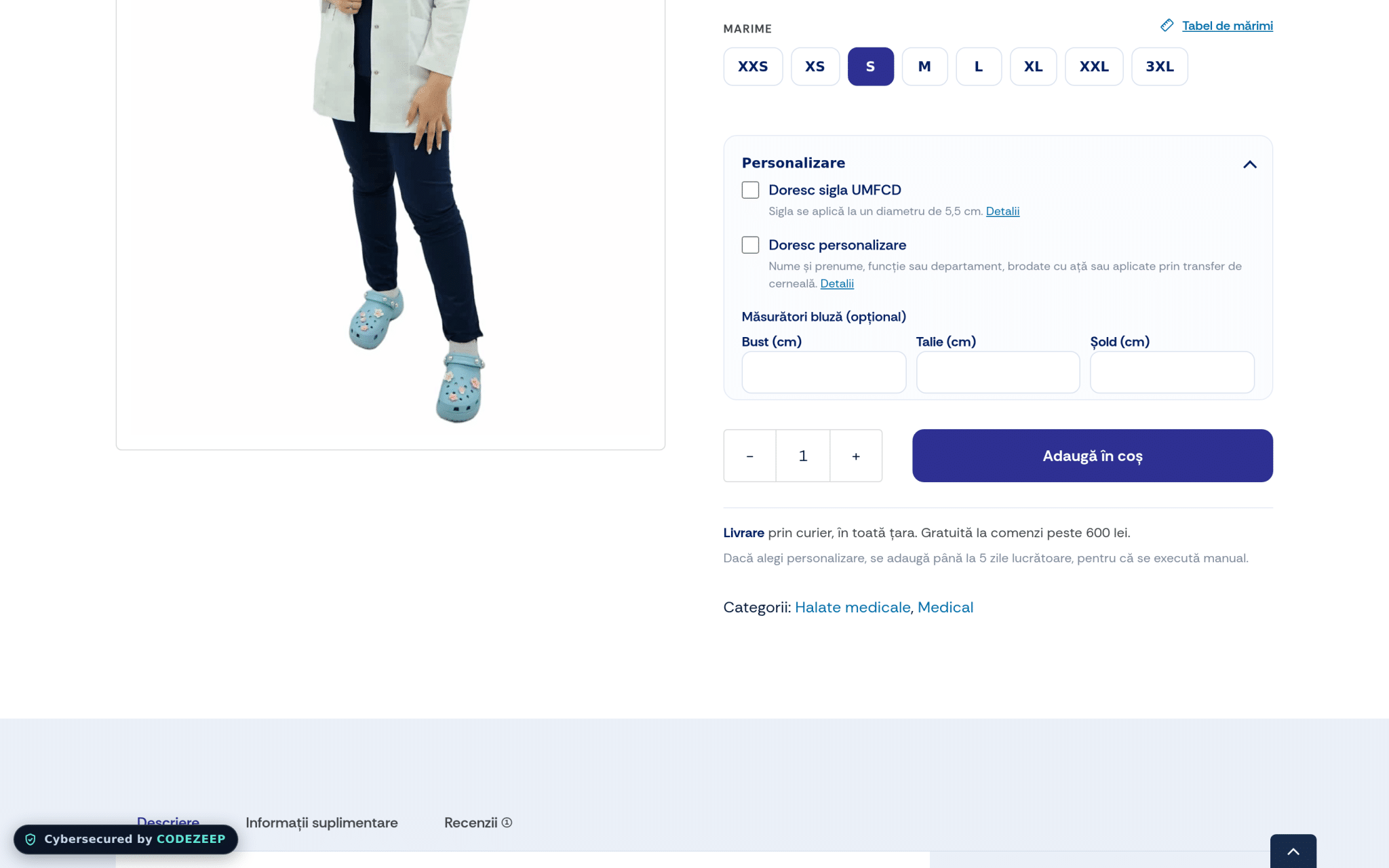 Pagina de produs cu opțiunile de personalizare